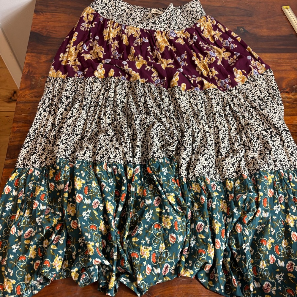 NATURAL LIFE Burgundy, Teal & Cream Floral Patchwork Maxi Skirt